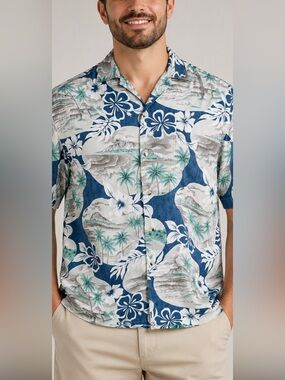 Go Barefoot Hawaiian Shirt XL 100% Cotton Scenic Floral Short Sleeve USA